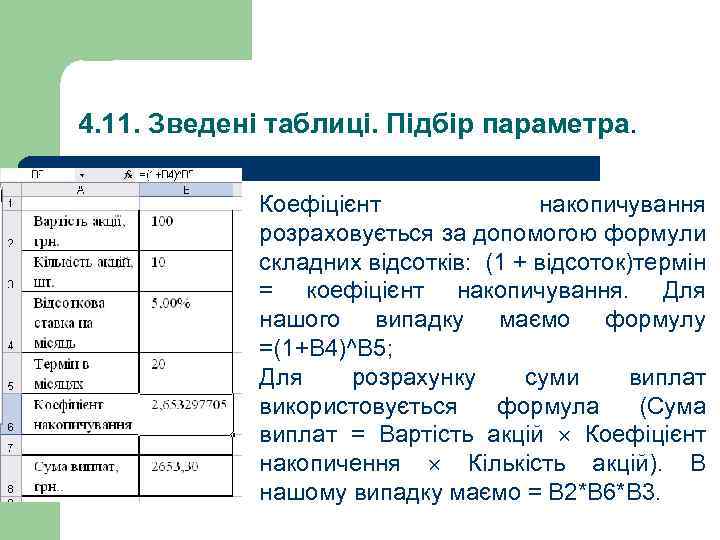 4. 11. Зведені таблиці. Підбір параметра. Коефіцієнт накопичування розраховується за допомогою формули складних відсотків: