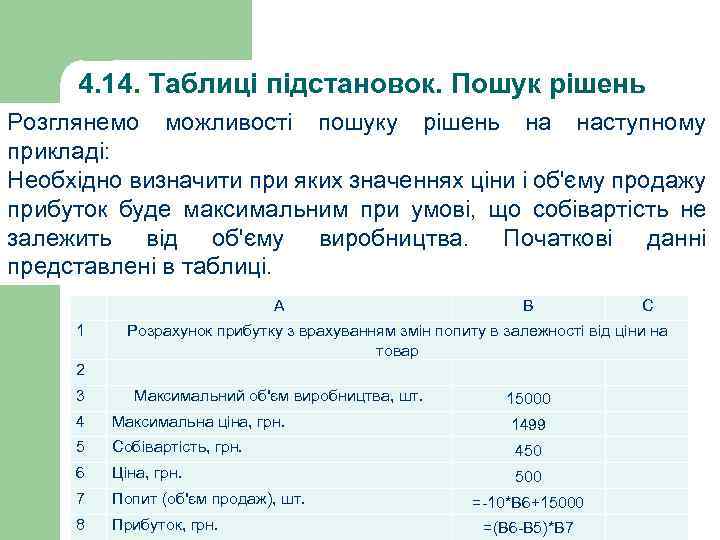 4. 14. Таблиці підстановок. Пошук рішень Розглянемо можливості пошуку рішень на наступному прикладі: Необхідно
