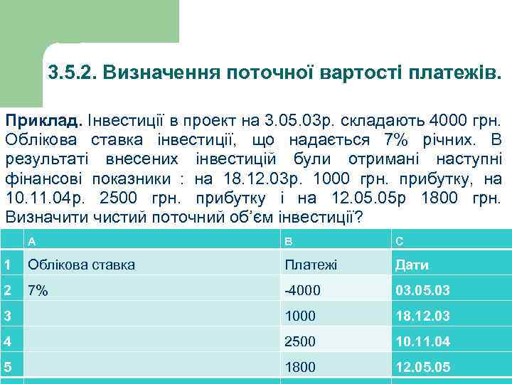 3. 5. 2. Визначення поточної вартості платежів. Приклад. Інвестиції в проект на 3. 05.
