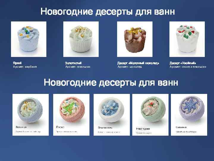 Новогодние десерты для ванн Яркий Аромат: вербена Золотистый Аромат: апельсин Десерт «Молочный шоколад» Аромат: