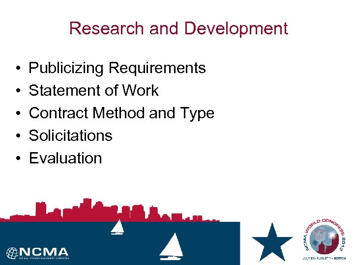 Research and Development • • • Publicizing Requirements Statement of Work Contract Method and