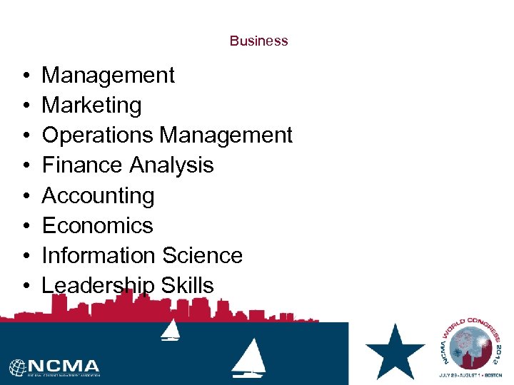 Business • • Management Marketing Operations Management Finance Analysis Accounting Economics Information Science Leadership