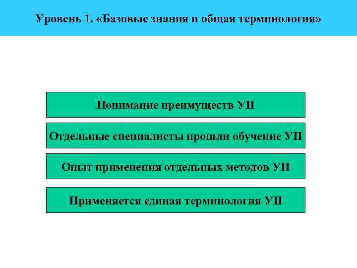 Уровень 1. «Базовые знания и общая терминология» Понимание преимуществ УП Отдельные специалисты прошли обучение