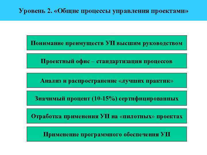 Уровень 2. «Общие процессы управления проектами» Понимание преимуществ УП высшим руководством Проектный офис –