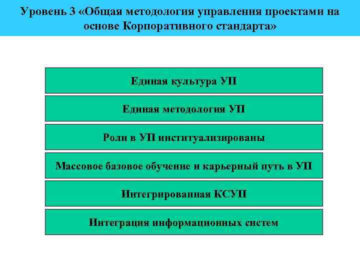 Уровень 3 «Общая методология управления проектами на основе Корпоративного стандарта» Единая культура УП Единая