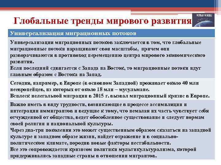 Глобальные тренды мирового развития Универсализация миграционных потоков заключается в том, что глобальные миграционные потоки