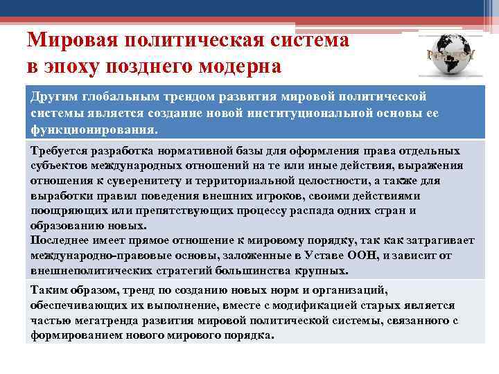 Мировая политическая система в эпоху позднего модерна Другим глобальным трендом развития мировой политической системы