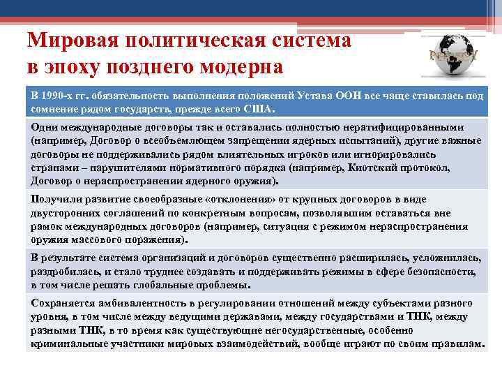 Мировая политическая система в эпоху позднего модерна В 1990 х гг. обязательность выполнения положений