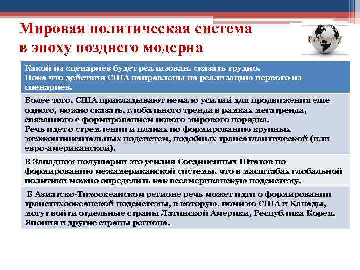 Мировая политическая система в эпоху позднего модерна Какой из сценариев будет реализован, сказать трудно.