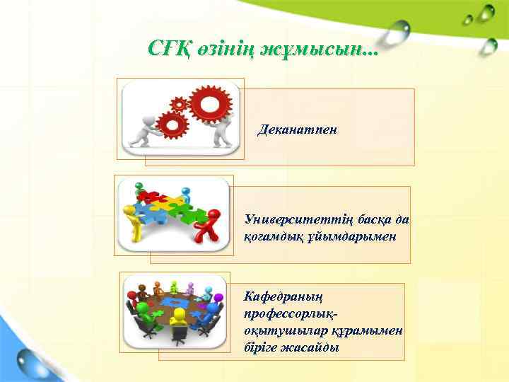 СҒҚ өзінің жұмысын. . . Деканатпен Университеттің басқа да қоғамдық ұйымдарымен Кафедраның профессорлықоқытушылар құрамымен
