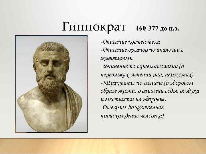 Гиппократ 460 -377 до н. э. -Описание костей тела -Описание органов по аналогии с