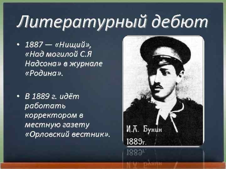 Литературный дебют • 1887 — «Нищий» , «Над могилой С. Я Надсона» в журнале