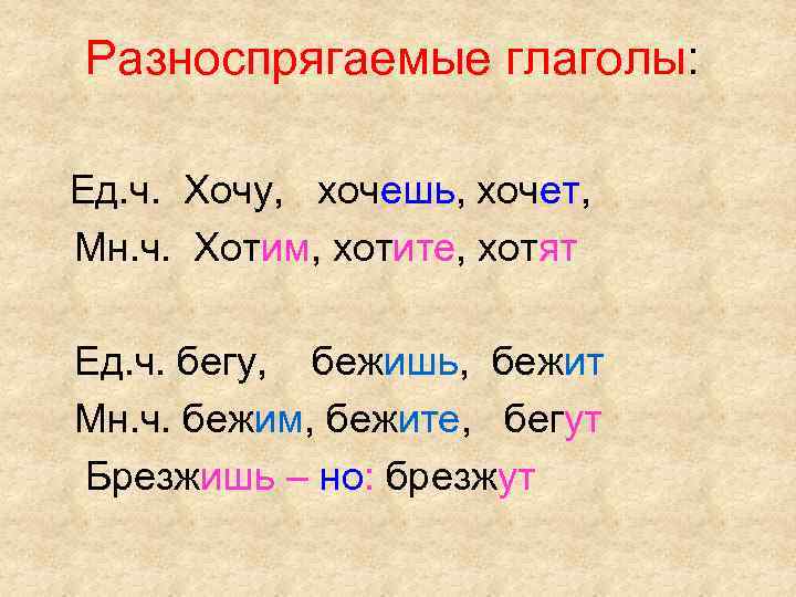 Разноспрягаемые глаголы: Ед. ч. Хочу, хочешь, хочет, Мн. ч. Хотим, хотите, хотят Ед. ч.