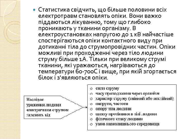  Статистика свідчить, що більше половини всіх електротравм становлять опіки. Вони важко піддаються лікуванню,