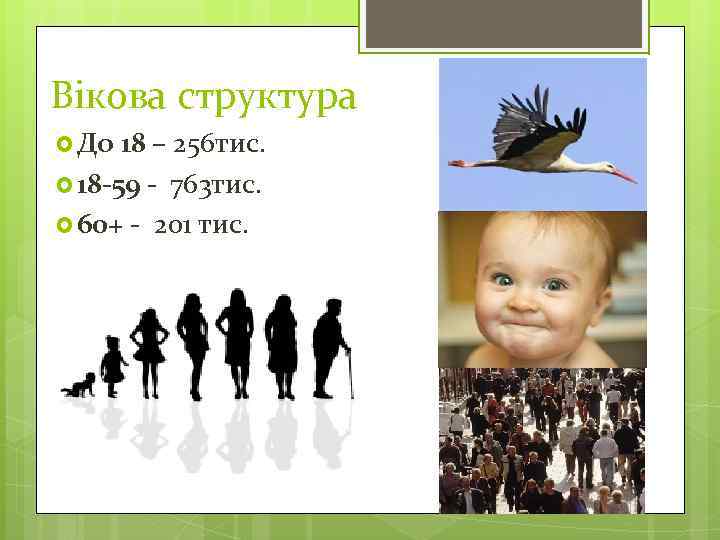 Вікова структура До 18 – 256 тис. 18 -59 - 763 тис. 60+ -