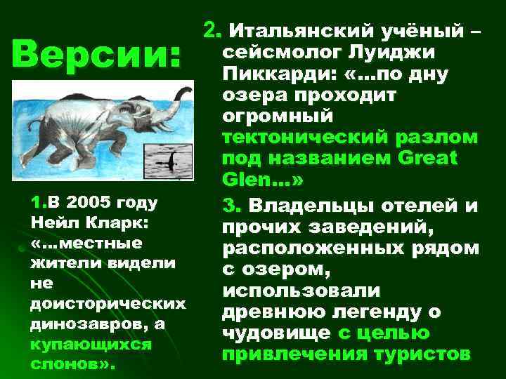Версии: 1. В 2005 году Нейл Кларк: «…местные жители видели не доисторических динозавров, а