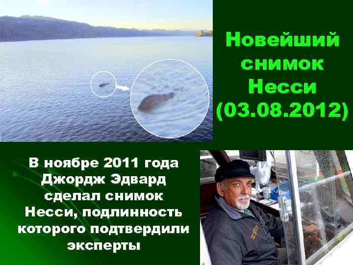 Новейший снимок Несси (03. 08. 2012) В ноябре 2011 года Джордж Эдвард сделал снимок