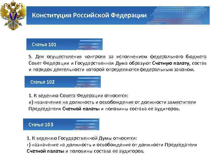 Конституция Российской Федерации Статья 101 5. Для осуществления контроля за исполнением федерального бюджета Совет