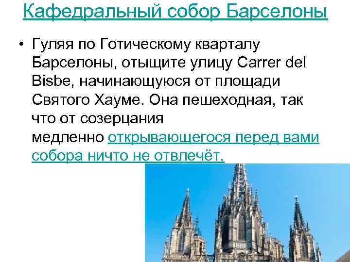 Кафедральный собор Барселоны • Гуляя по Готическому кварталу Барселоны, отыщите улицу Carrer del Bisbe,