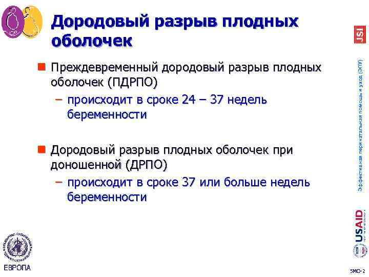 n Преждевременный дородовый разрыв плодных оболочек (ПДРПО) – происходит в сроке 24 – 37