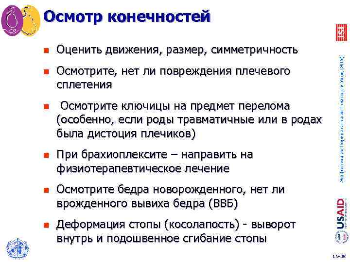 Осмотр конечностей Оценить движения, размер, симметричность n Осмотрите, нет ли повреждения плечевого сплетения n