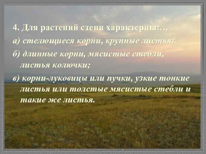 4. Для растений степи характерны: … а) стелющиеся корни, крупные листья; б) длинные корни,