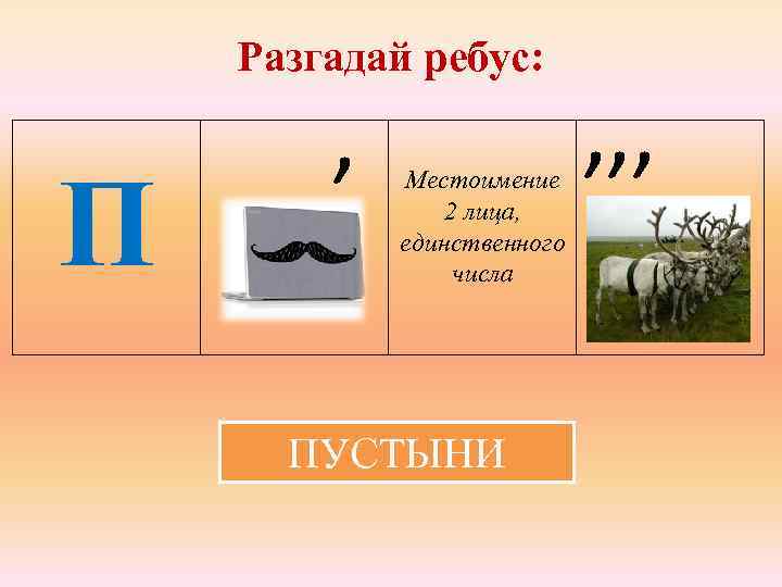 Разгадай ребус: П , Местоимение 2 лица, единственного числа ПУСТЫНИ , , , 