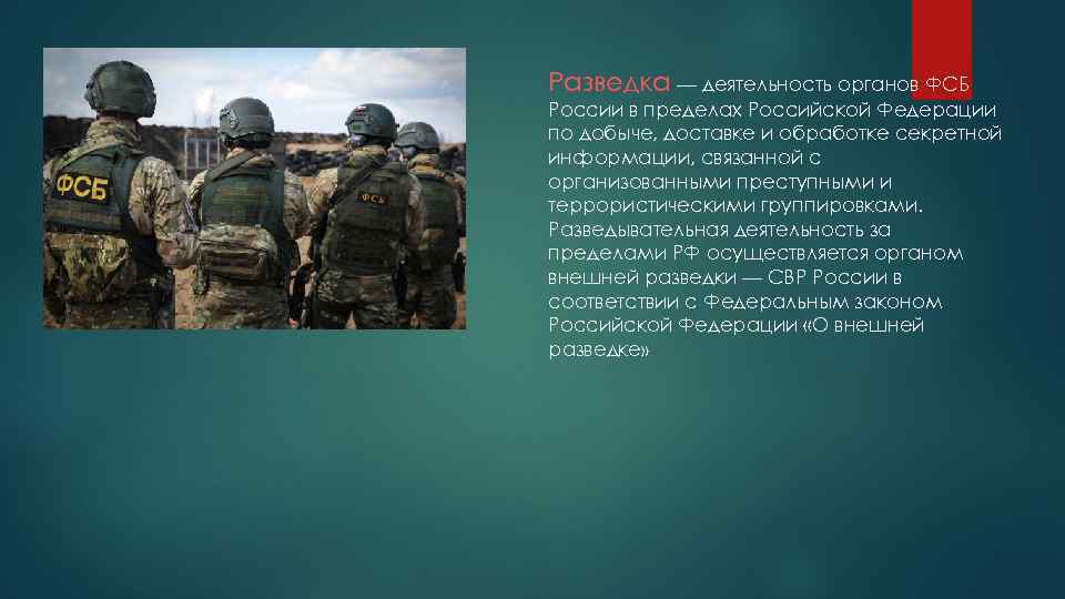 Разведка — деятельность органов ФСБ России в пределах Российской Федерации по добыче, доставке и