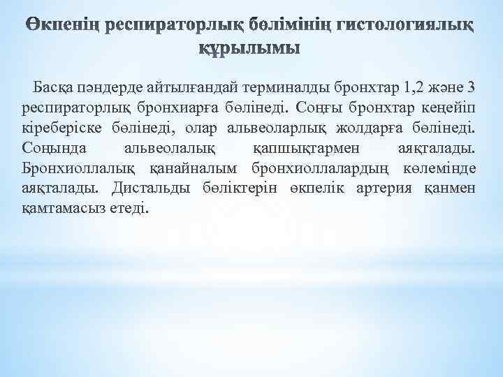  Басқа пәндерде айтылғандай терминалды бронхтар 1, 2 және 3 респираторлық бронхиарға бөлінеді. Соңғы