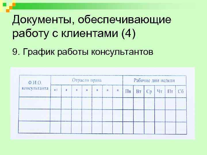 Документы, обеспечивающие работу с клиентами (4) 9. График работы консультантов 