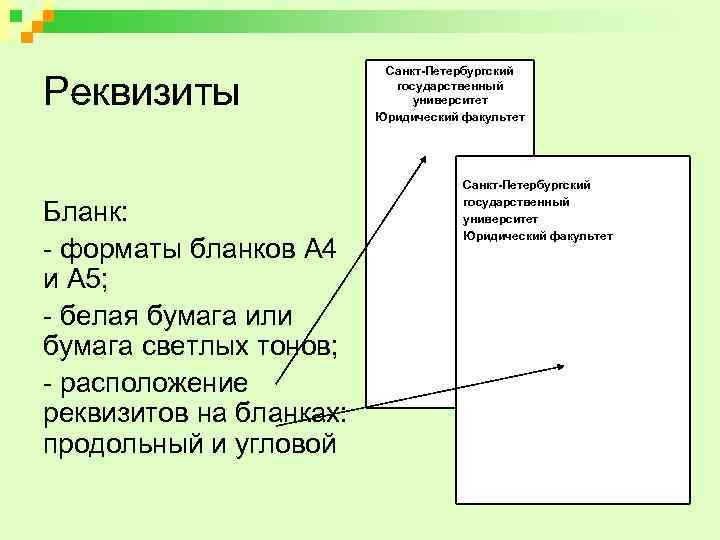 Реквизиты Бланк: - форматы бланков А 4 и А 5; - белая бумага или
