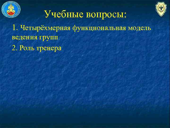Учебные вопросы: 1. Четырёхмерная функциональная модель ведения групп 2. Роль тренера 