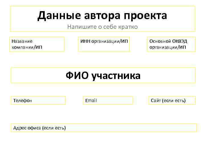 Данные автора проекта Напишите о себе кратко Название компании/ИП ИНН организации/ИП Основной ОКВЭД организации/ИП