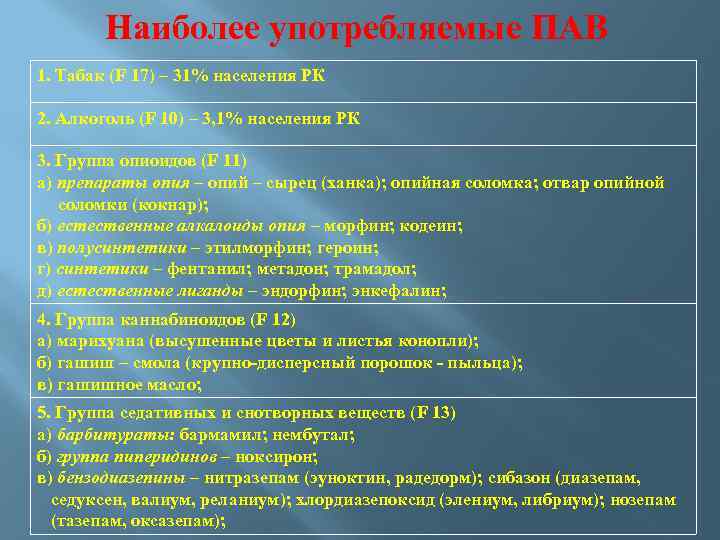 Наиболее употребляемые ПАВ 1. Табак (F 17) – 31% населения РК 2. Алкоголь (F