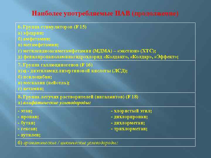 Наиболее употребляемые ПАВ (продолжение) 6. Группа стимуляторов (F 15) а) эфедрин; б) амфетамин; в)