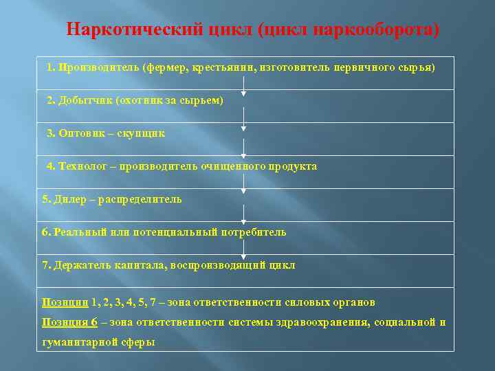Наркотический цикл (цикл наркооборота) 1. Производитель (фермер, крестьянин, изготовитель первичного сырья) 2. Добытчик (охотник