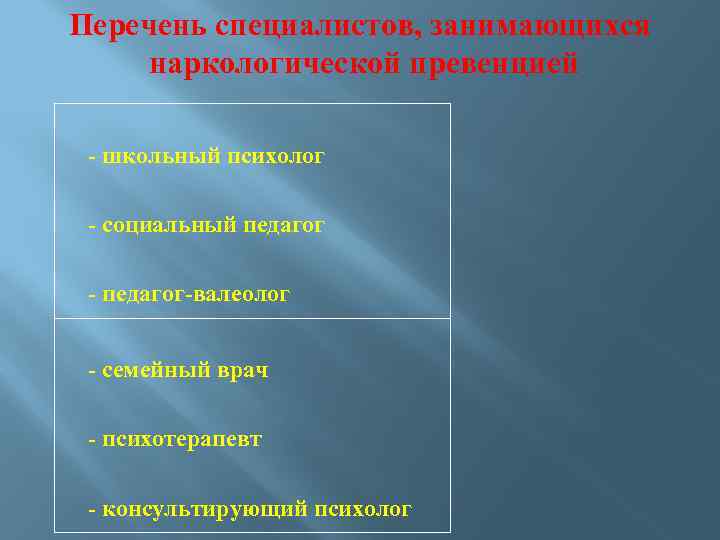 Перечень специалистов, занимающихся наркологической превенцией школьный психолог социальный педагог валеолог семейный врач психотерапевт консультирующий
