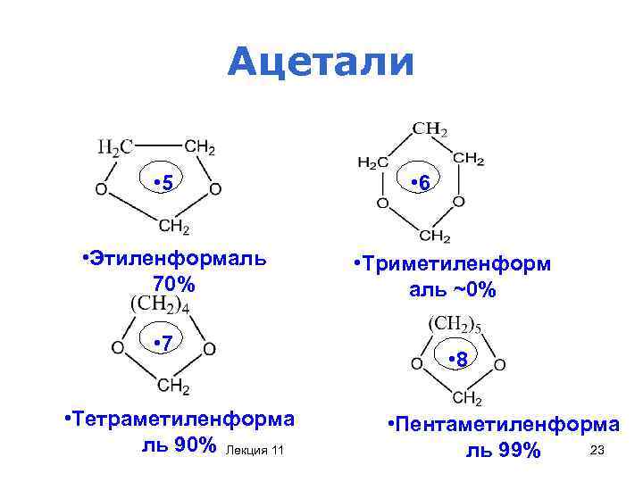 Ацетали • 5 • Этиленформаль 70% • 7 • Тетраметиленформа ль 90% Лекция 11