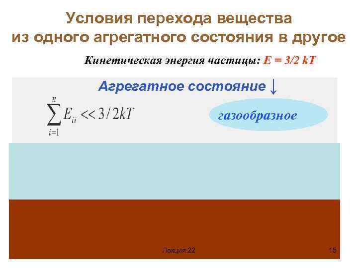 Условия перехода вещества из одного агрегатного состояния в другое Кинетическая энергия частицы: Е =