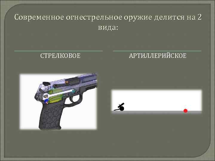 Современное огнестрельное оружие делится на 2 вида: СТРЕЛКОВОЕ АРТИЛЛЕРИЙСКОЕ 