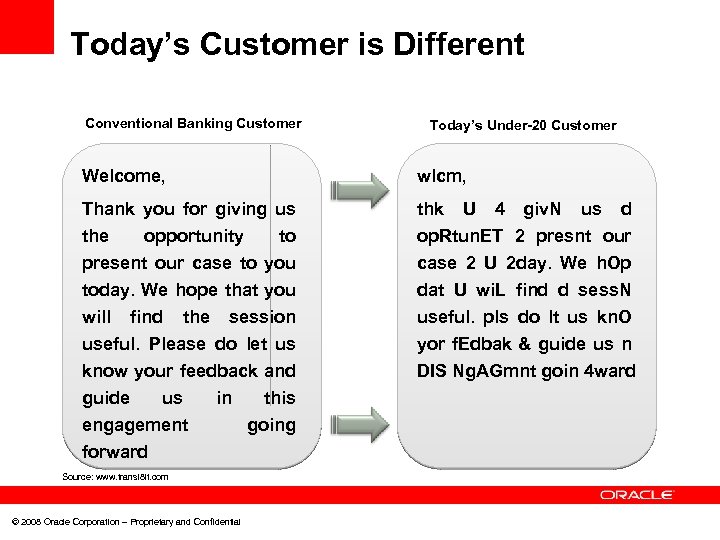 Today’s Customer is Different Conventional Banking Customer Today’s Under-20 Customer Welcome, wlcm, Thank you