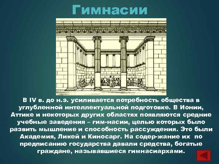 Гимнасии В IV в. до н. э. усиливается потребность общества в углубленной интеллектуальной подготовке.