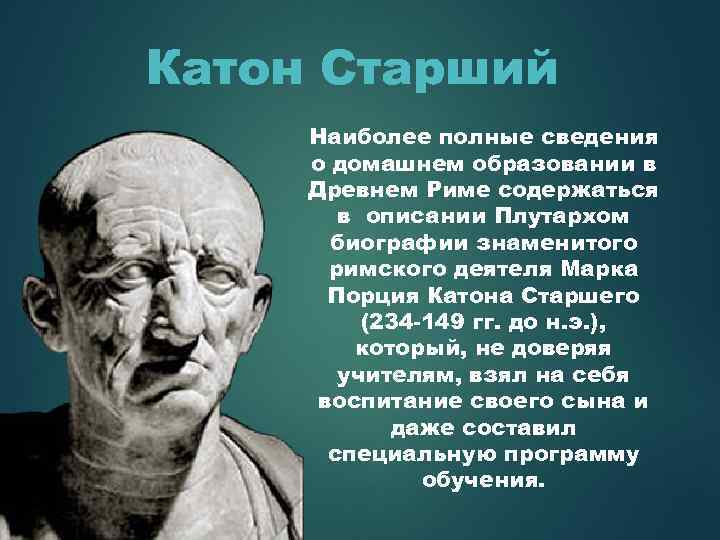 Катон Старший Наиболее полные сведения о домашнем образовании в Древнем Риме содержаться в описании