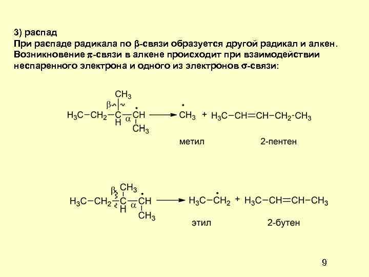 3) распад При распаде радикала по β-связи образуется другой радикал и алкен. Возникновение -связи