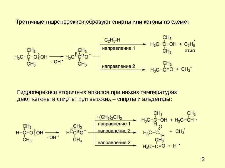 Третичные гидроперекиси образуют спирты или кетоны по схеме: Гидроперекиси вторичных алкилов при низких температурах