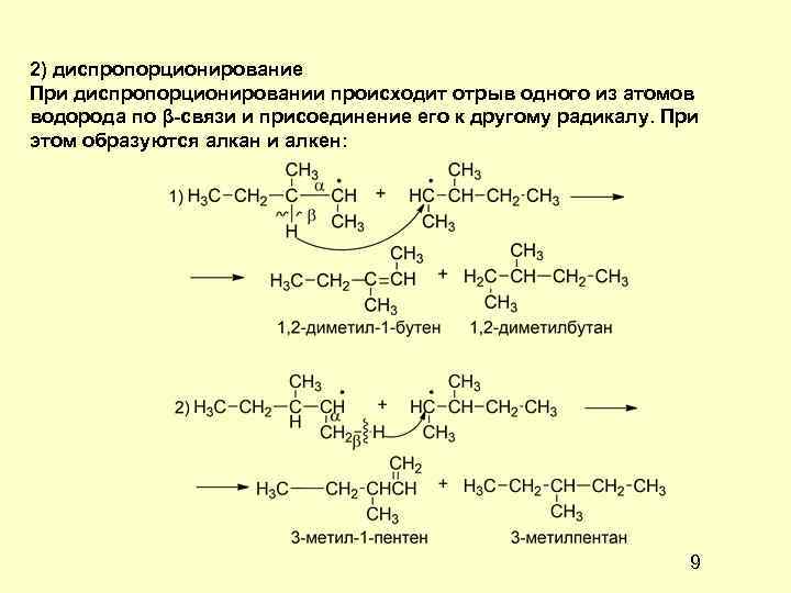 2) диспропорционирование При диспропорционировании происходит отрыв одного из атомов водорода по β-связи и присоединение