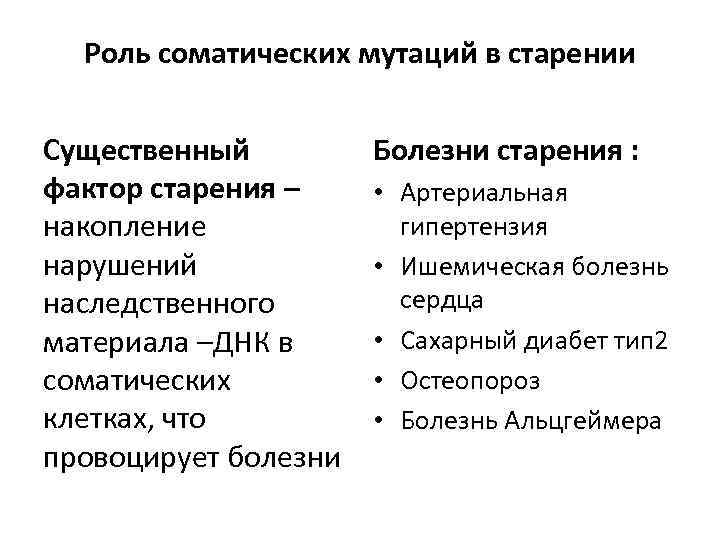 Роль соматических мутаций в старении Существенный фактор старения – накопление нарушений наследственного материала –ДНК