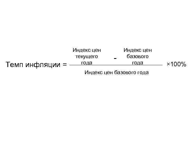 Темп инфляции = Индекс цен текущего года - Индекс цен базового года × 100%