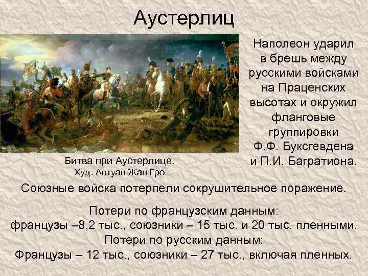 Аустерлиц Битва при Аустерлице. Худ. Антуан Жан Гро Наполеон ударил в брешь между русскими