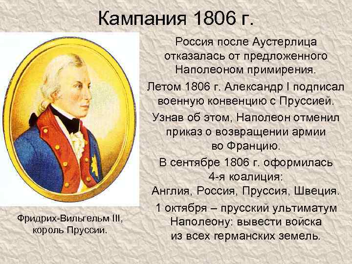 Кампания 1806 г. Фридрих-Вильгельм III, король Пруссии. Россия после Аустерлица отказалась от предложенного Наполеоном